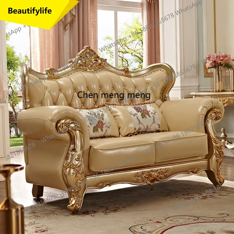 

Q181 European sofa leather small apartment luxury living room full solid wood carving flower first layer cowhide furniture