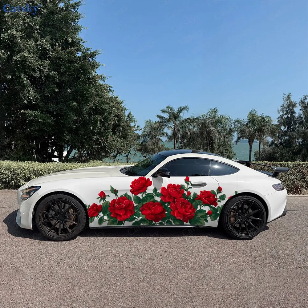 2pcs Rose Bushes, Durable, Fade-resistant, Enhance Vehicle Aesthetics With Bold Artistic Design Car Vinyl Wraps