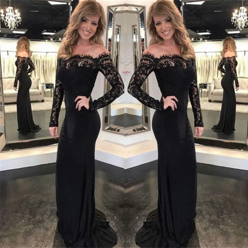 

Black Lace Long Sleeves Prom Evening Dresses Off the Shoulder Sexy Mermaid Party Gowns robe de soirée femme vestidos de noche