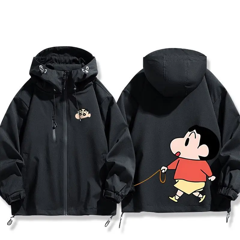 Anime Crayon Shinchan Graphic Windproof Jacket Cute Printed Hooded Windbreaker, Long Sleeve Zip Casual Light Outdoor Sports Coat