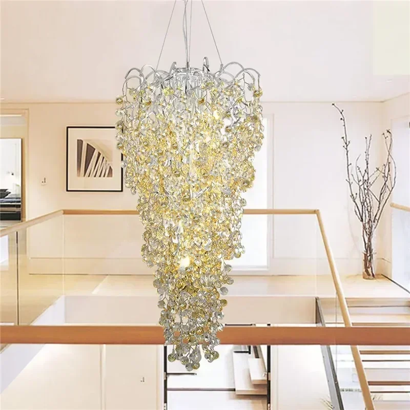 

Nordic Long Pendant Lamp for Spiral Staircase Luxury Villa Crystal Pendant Light Gold/Silver Branch Decor High Ceiling Light