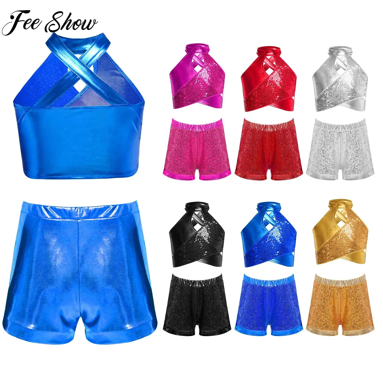 

Kids Girls Jazz Hip Hop Dance Sets Sleeveless Sequins Metallic Crop Top and Shorts Children Figure Skating Performance Dancewear