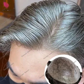 남성 내추럴 헤어라인 그레이 1b40 1B80, 초내구성 얇은 피부 가발, 전체 PU 미세 피부 모세관 보형물