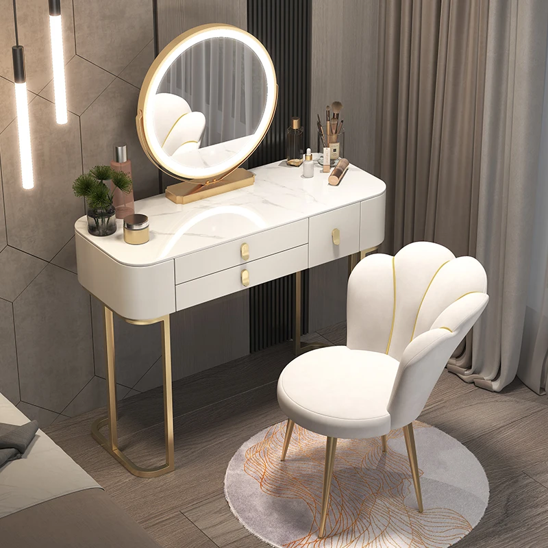 

Luxury Modern Vanity Table Minimalist Chair Storage Makeup Vanity Table Round Mirror Coiffeuse De Chambre Home Furniture