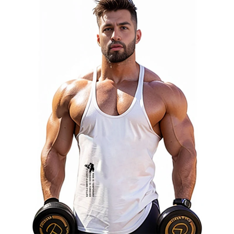 2024 Summer European American Men\'s Y Back Gym Stringer Tank Top Cotton Clothing Bodybuilding Sleeveless Shirt Fitness Running