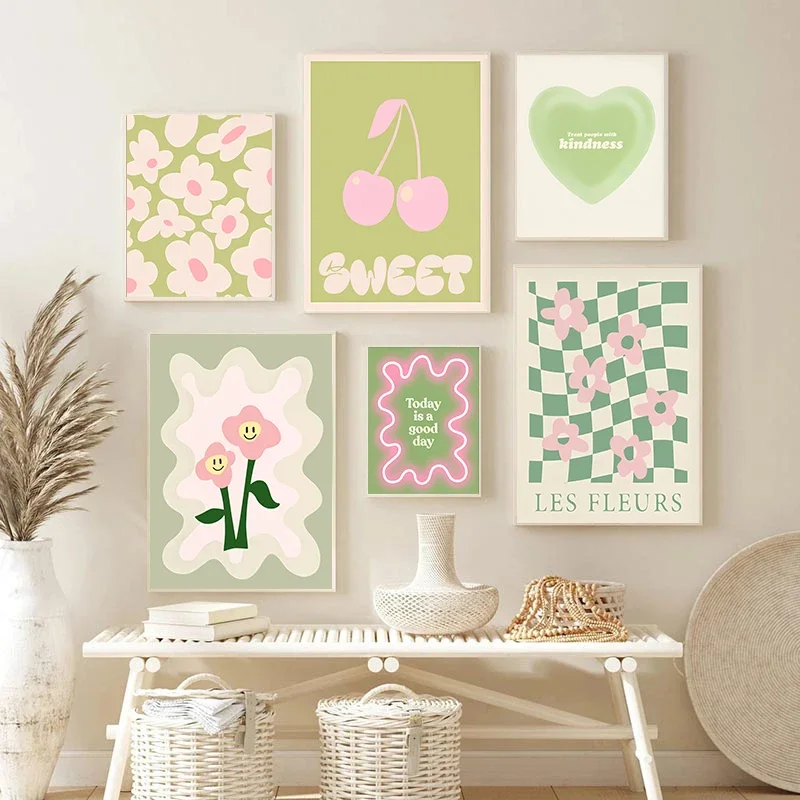 Tableau mural Bohème Cœur Vert Tendance, Peinture sur toile colorée Rose Cerise et Vert, Affiche de galerie Marché aux fleurs pour Salon Chaleureux
