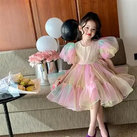 Girls Princess Bubble Dress 2024 Summer Children Baby Clothing Puff Sleeve Tulle Dresses for Kids 2 3 4 5 6 Years Old