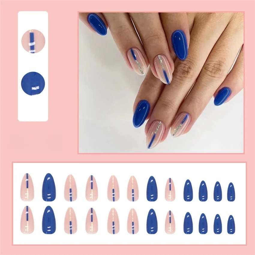 24Pcs/Set Medium Long Round Head Fake Nails Tips Light Curry Glitter Heart Design Wearing False Nails French Paste Press on Nail