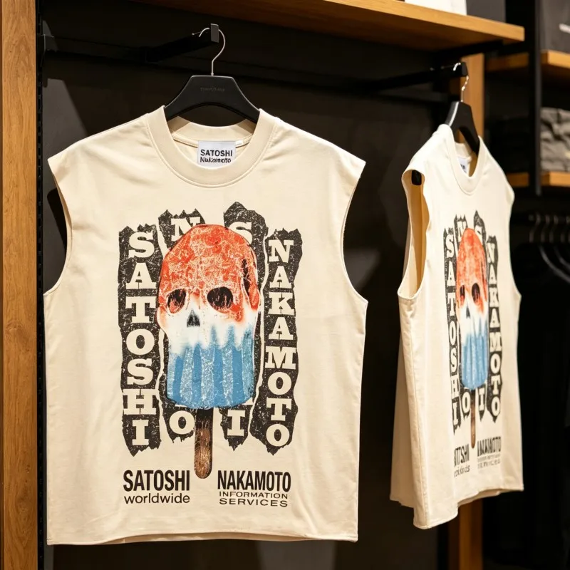 SATOSHI Vest Hip Hop Street Retro Washed Old Melted Popsicle Print Sleeveless Tshirts Men Women Cotton Round Neck Tank Tops