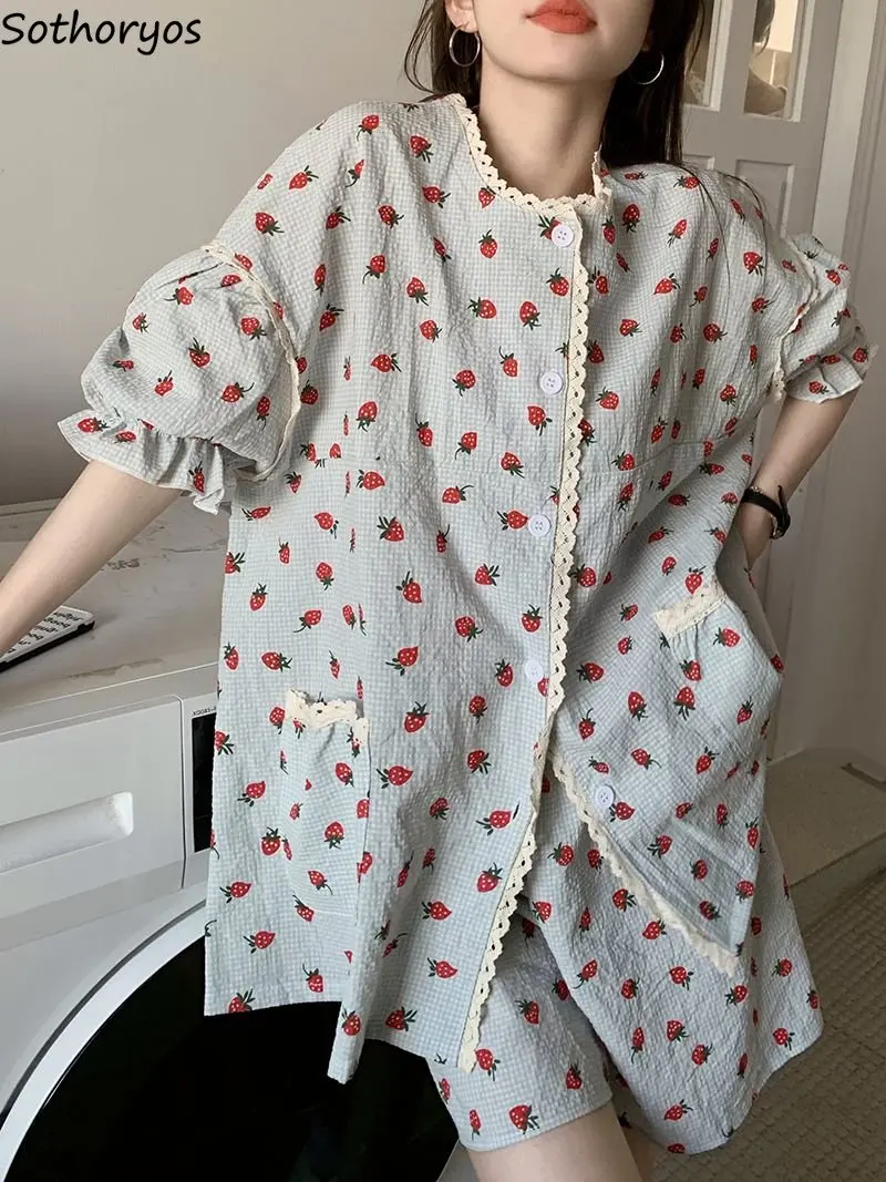 

Summer Baggy Pajama Sets Women Short-sleeve Sweet Strawberry Chic Print Aesthetic Student Dormitory Sleepwear Ins Popular 2 pcs