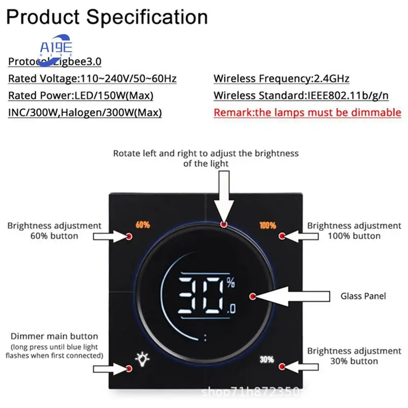 

A19E-Бесконечная ручка-регулятор диммера Zigbee 3,0 ПК Панель Настенный выключатель света 150-300 Вт переменного тока 110-240 В Цифровой ЖК-дисплей Яндекс