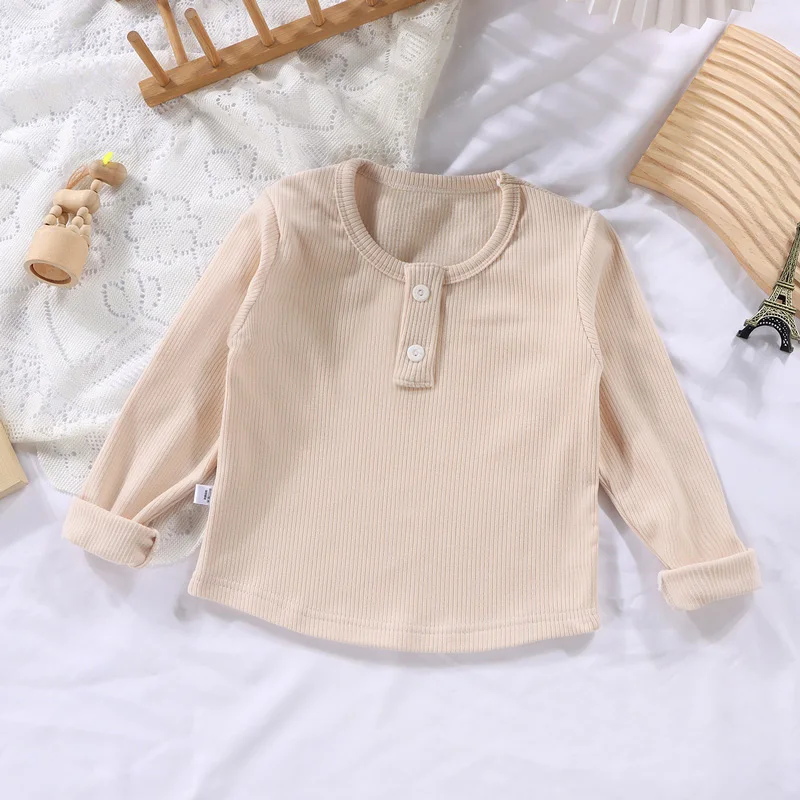 Spring Autumn Kid Long Sleeve T-shirt Solid Color Baby Girl Boy T-shirt Children 2-6Y Round Neck Button Beige Boy Bottoming Top