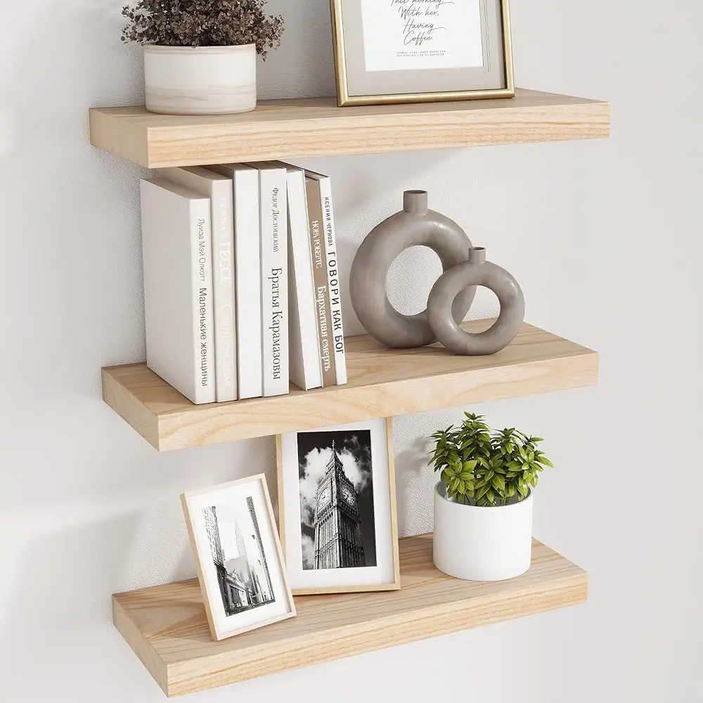 

Natural Wood Floating Shelves, Wood Floating Shelves For Wall Set Of 3, 17 H Natural Raw Wood Shelves For Living Room Bedroom