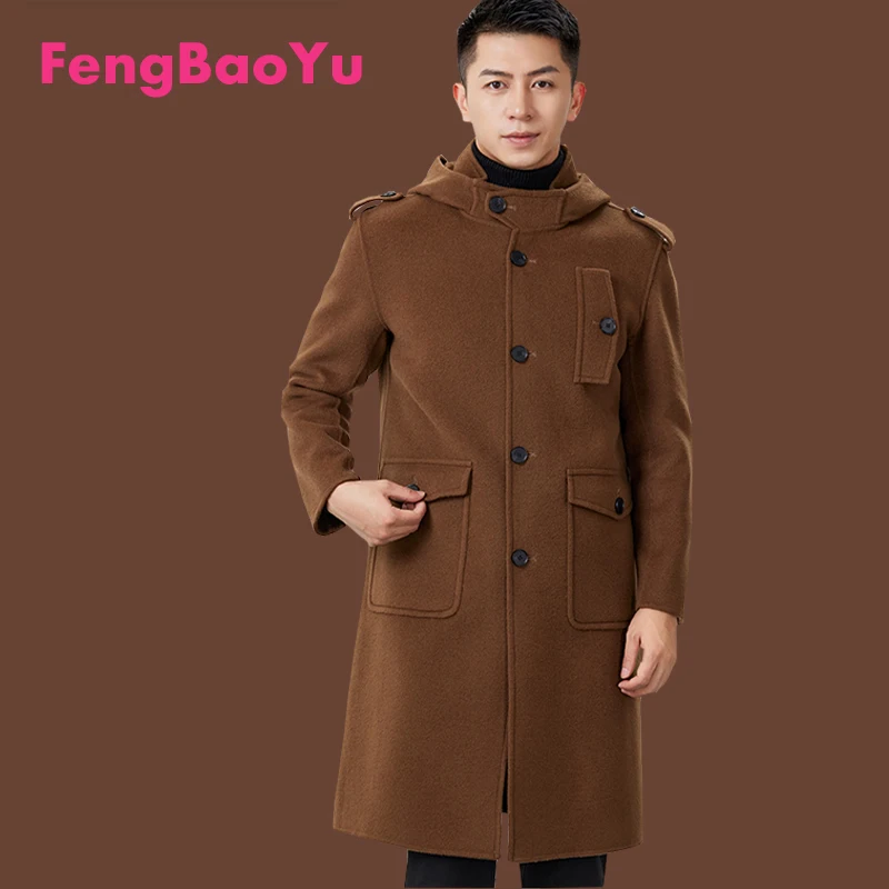

Мужское длинное пальто из 100% двусторонней шерсти с капюшоном — теплая и стильная верхняя одежда средней длины для улицы для защиты от зимней изоляции