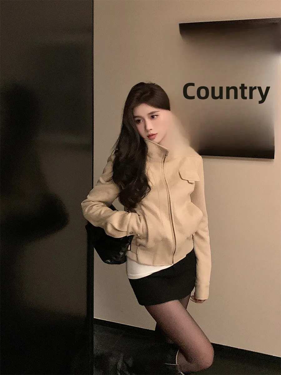 

He Chenxi Retro Suede ort Motorcycle Jaet Women's Casual Slim Fit Top Korean Sle Autumn Winter New Arrival