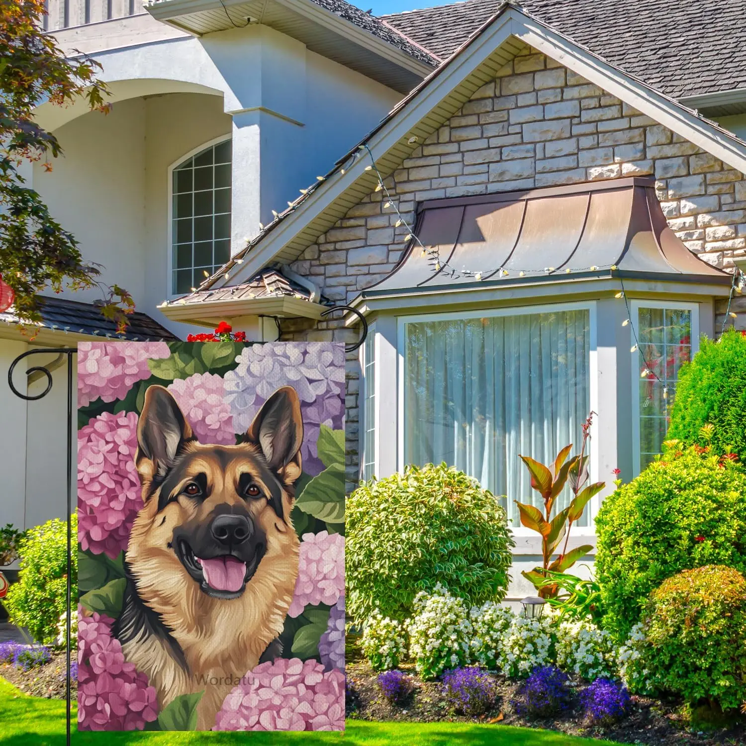 Welcome Spring Summer Happy German Shepherd Chic Blue Hydrangea Flowers Garden Flag,12x18 Inch Decor Yard Banner with Imitat yyi