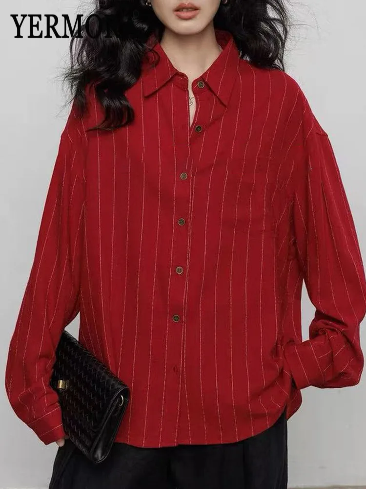 

YERMORA Red Striped Button Pocket Casual Blouse For Women Lapel Long Sleeve Loose New Shirt Fashion Tide Spring Autumn 2026