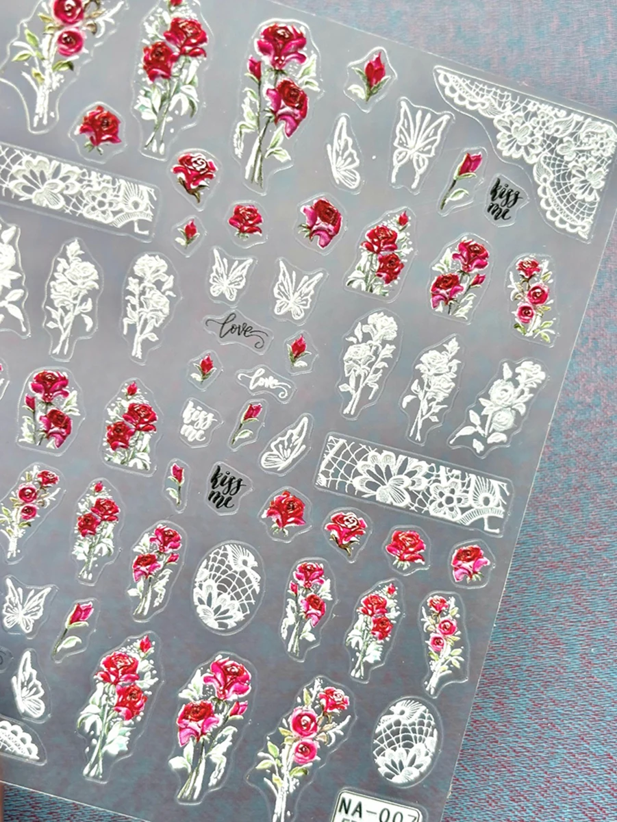 2 قطعة 5D تنقش مسمار ملصقات فنية أنيقة الورود الحمراء الزهور الأبيض الأربطة المتزلجون مسمار ملصقات زينة للتقليم #3