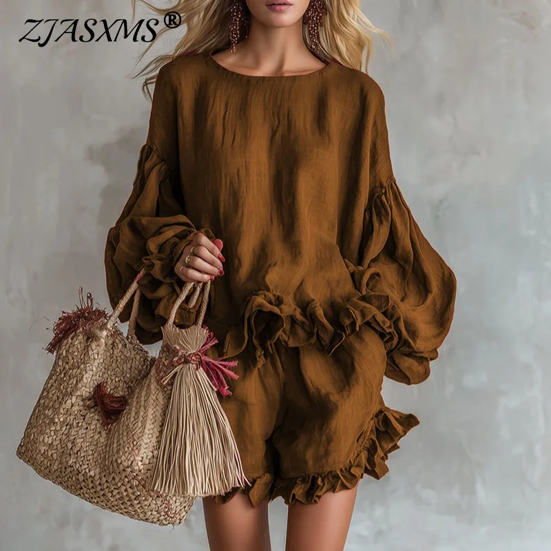 

Woman Round Neck Ruffle Hem Top And Casual Shorts Set Spring Lantern Long Sleeve Loose Suit Retro Solid Bohemian Vacation Outfit