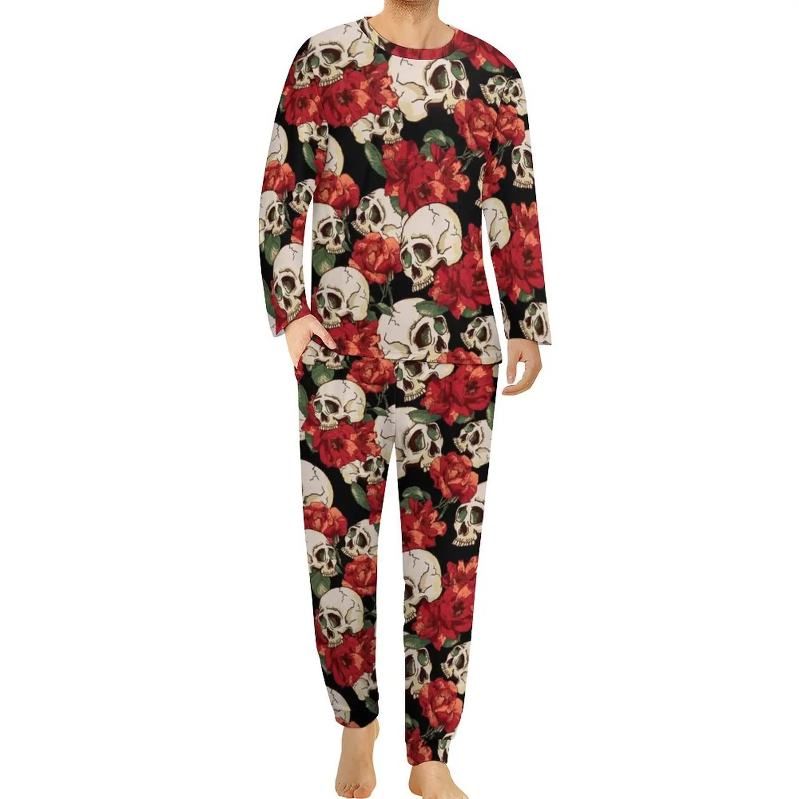 Halloween Day Of The Dead Pajamas Long Sleeve Skull Flowers Two Piece Bedroom Pajama Sets Autumn Men Design Elegant Nightwear