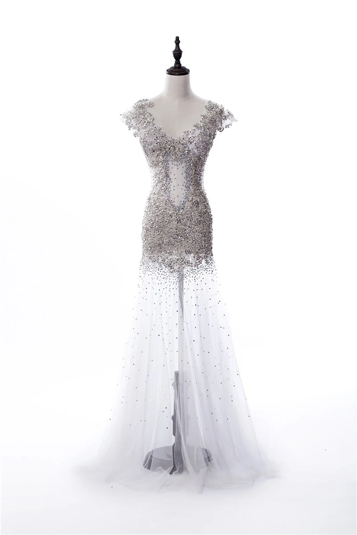 Magnificent Mermaid Wedding Dresses V-neck Short Sleeves Shining Appliques Beads Sweep Train Bridal Custom Made Robe De Mariée