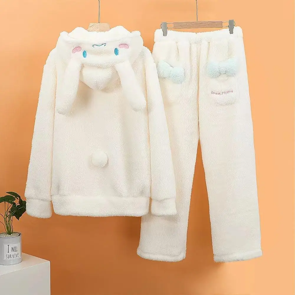 Cartoon Cinnamoroll Winter Plüsch Pyjamas Set Korallen Fleece frauen Lange Ärmeln Mit Kapuze Flanell Dicke Nette Warme Homeclothes Anzug