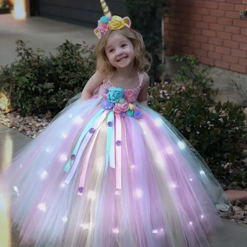 Gilrs Long LED Unicorn Tutu Dress Girls Knee Dress Kids Birthday Party Princess Costume for Halloween Xmas Ball Gown Dresses