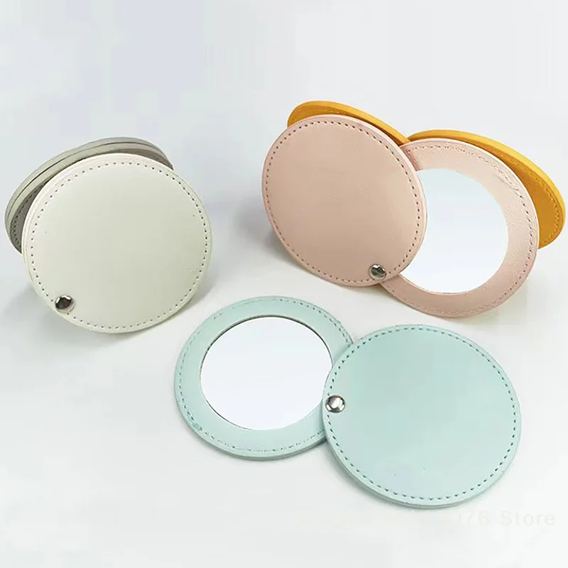 Miroirs circulaires compacts incassables, en acier inoxydable, avec manchon en cuir PU, mini miroir de maquillage portable