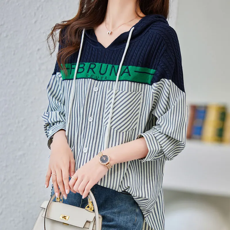 Korean Loose Hooded Striped Blouse Women\'s Clothing Letter Knitted Patchwork 2023 Spring Autumn Casual Drawstring Pockets Shirt