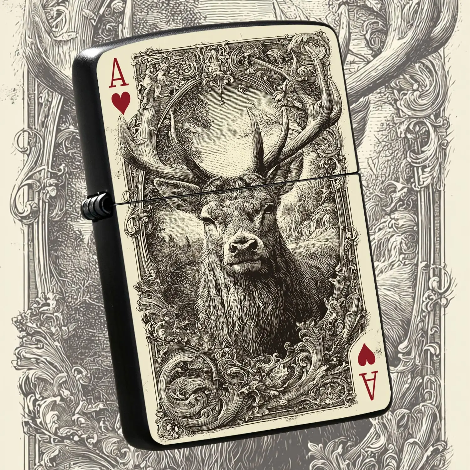 Vintage Engraved Stag Ace of Hearts Themed Lighter, Artistic Carved Playing Card Style Portable Item, Suitable for Outdoor Trips Daily UseGifting Multi-scene Exquisite Creative Present  A Humorous And Interesting Lighter