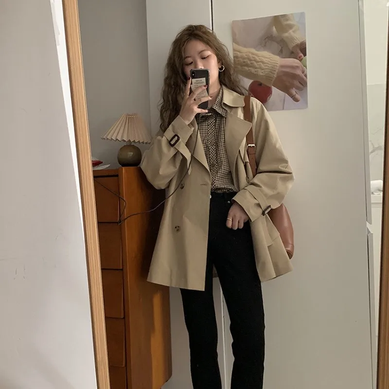 A new short trench coat for women stylish and khaki double-breasted