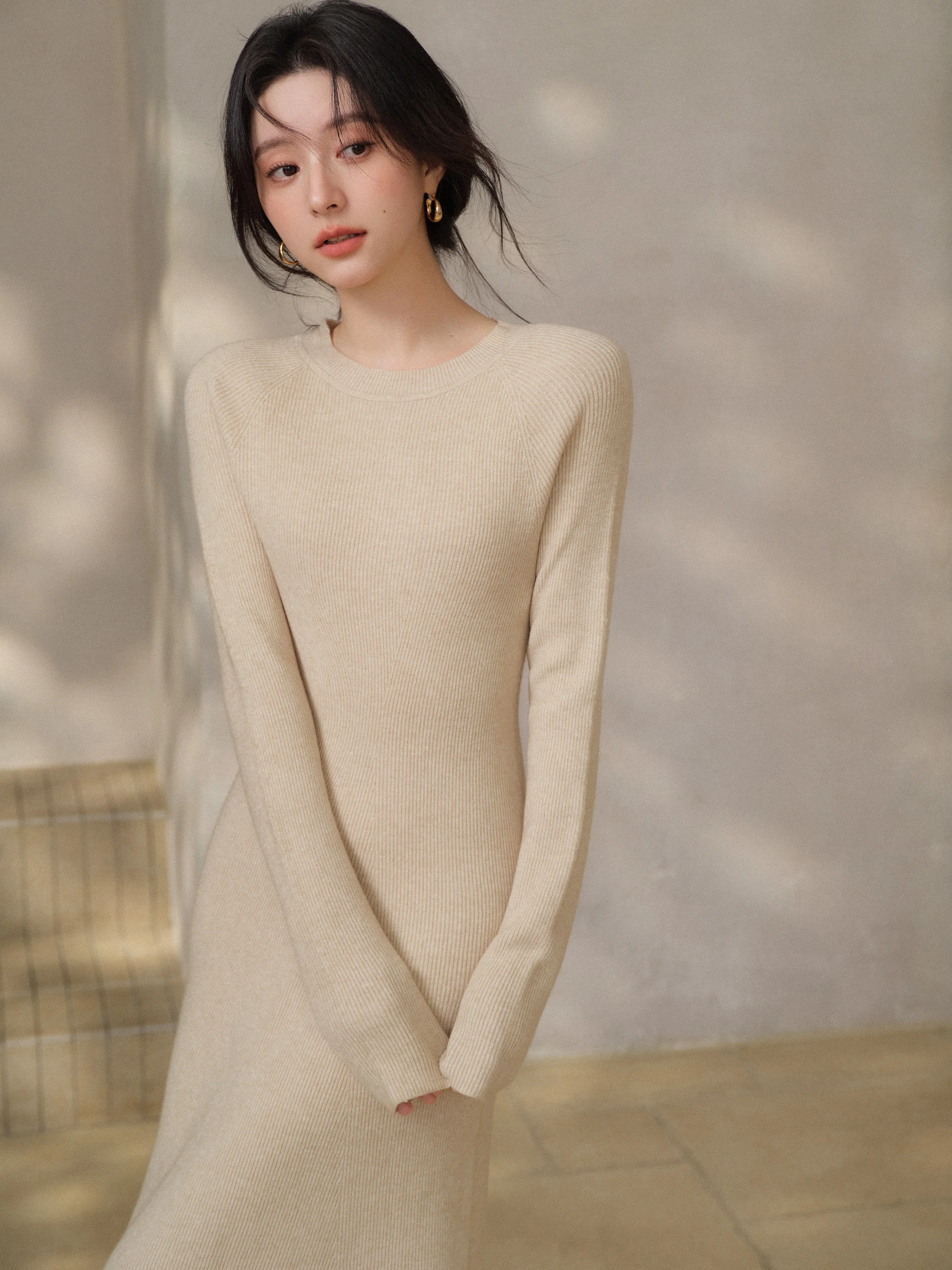 فستان منسوج للنساء أنيق سليم صالح فستان طويل سيدة لينة بسط الجولة الرقبة Bodycon فستان ماكسي الزي لأسلوب اليومي الأنيق #2