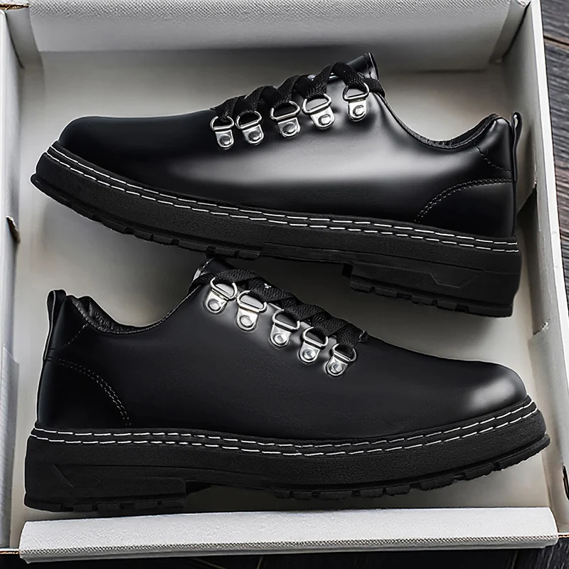 

Men's Black Leather Casual Shoes Non-slip Platform Lace-up Dress Shoes for Daily & Outdoor