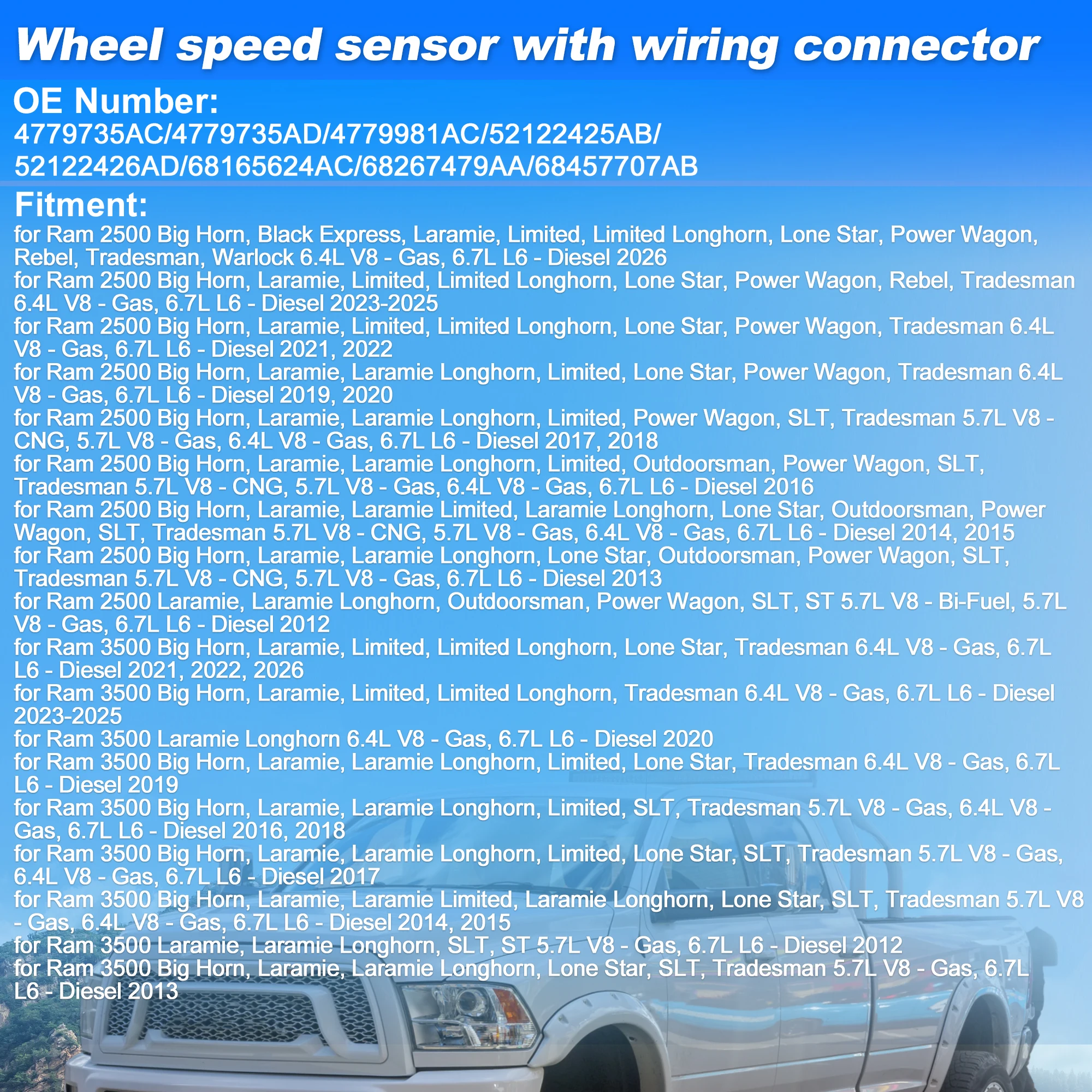 UXCELL For Ram 2500 Big Horn 2026 4779735AC ABS Wheel Speed Sensor Connector Pigtail