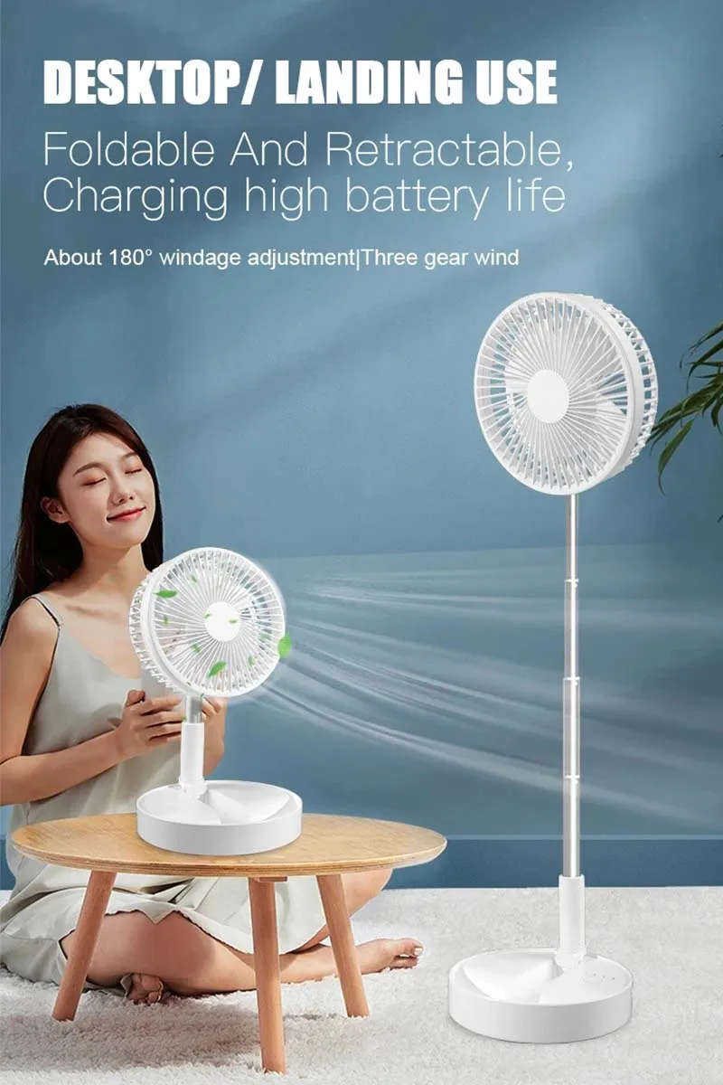 Faltbarer Teleskopischer Kabelloser Tragbarer Tischventilator USB-Aufladbar Eingebauter Akku Oszillierender Standventilator zur Luftkühlung – Detail 2