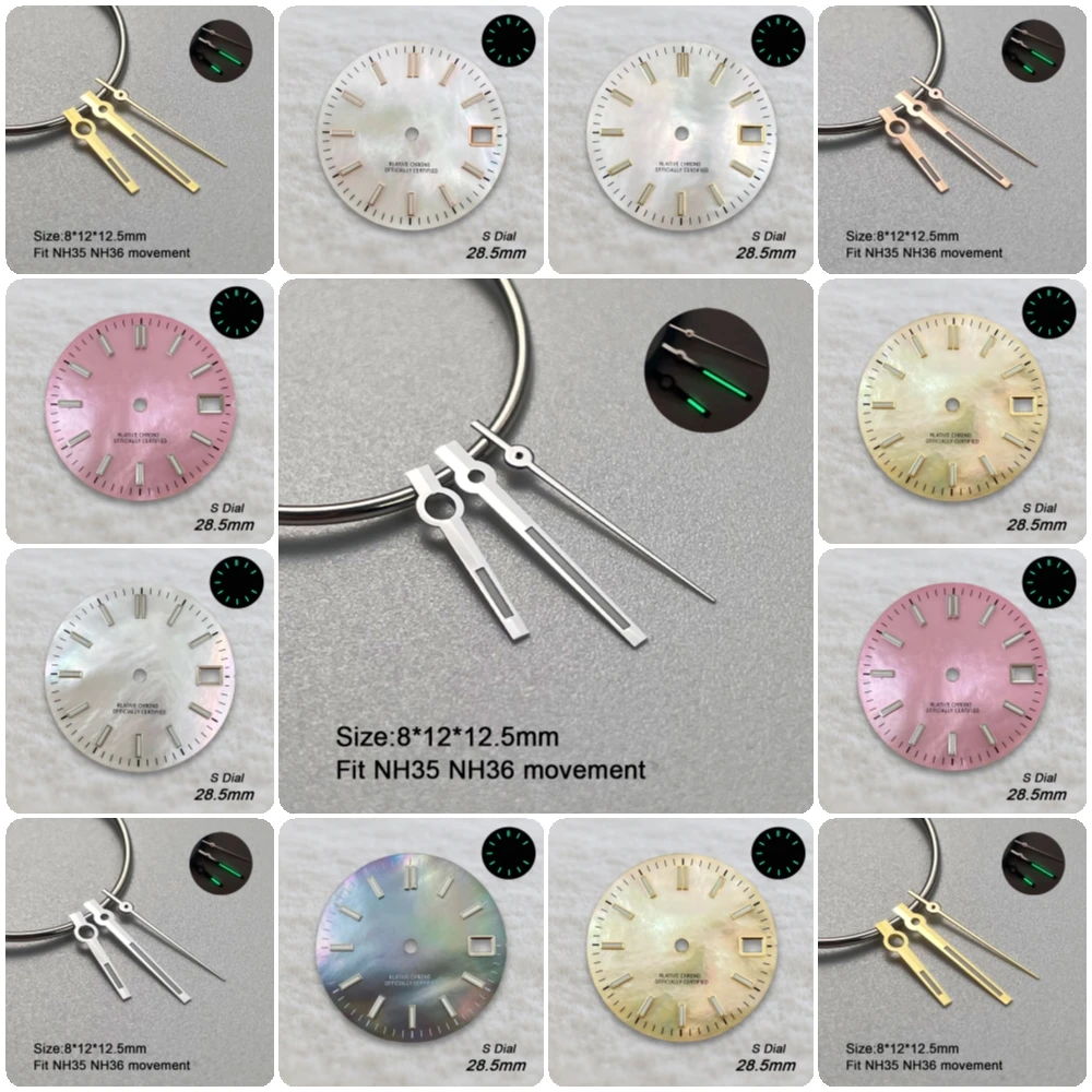 New 28.5mm S Logo NH35 Dial Logs Mother Pearl Dial Fit NH36 Movement Green Luminous Watch Modification Accessories Repair tools