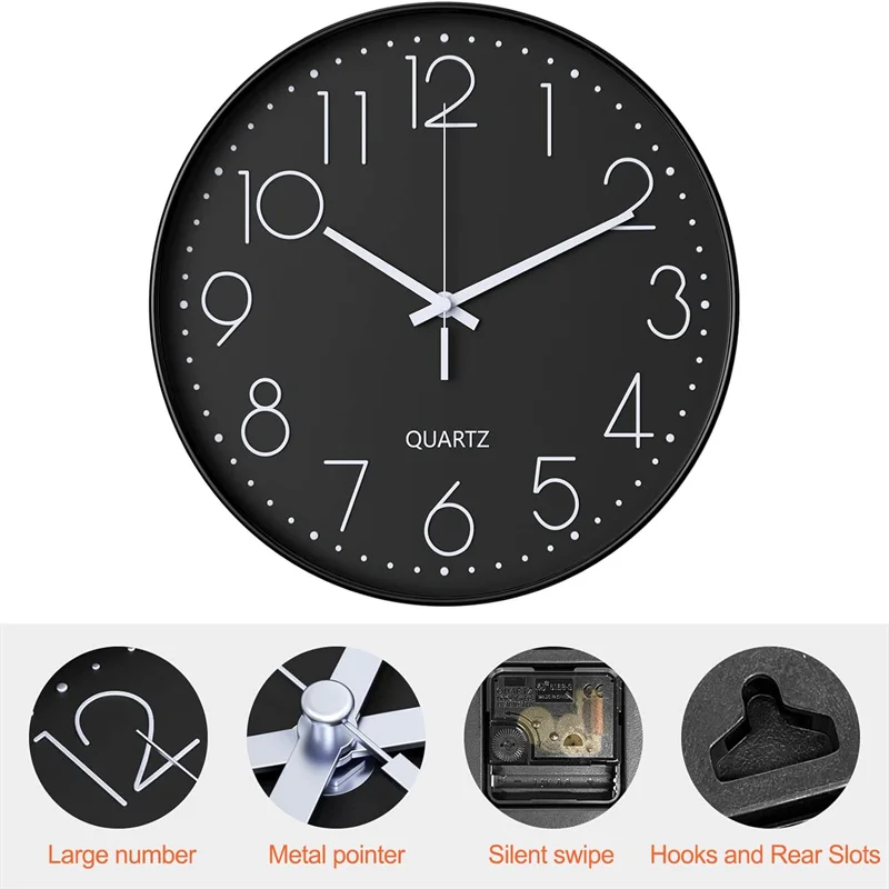 Wall Clock, 12 Inch Modern Wall Clock, Silent Quartz Movement Modern Minimalist Design, Black, for Living Room, Kitchen, Office