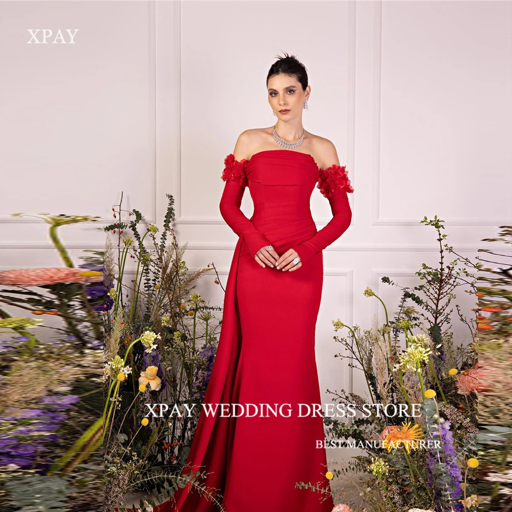 

XPAY Red Mermaid Evening Dresses Strapless Long Sleeves Flowers Dubai Arabic Women Formal Party Dress Celebrity Gowns Vestidos