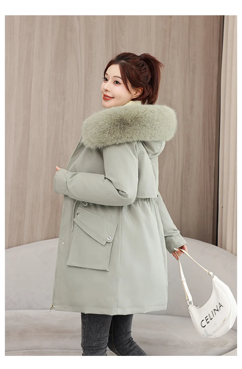 2026 New Winter Coat Down Padded Jacket Women Parkas Fur Collar Thick Hooded Cotton Coats Black Casual Outerwear Female Clothes