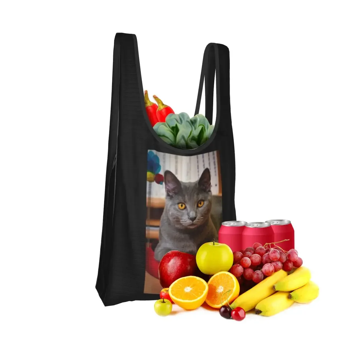 Chartreux Cat Portrait With Golden Eyes Portable Tote Shopping Bags Reusable Shopper Bag Grocery Handbag Shoulder Bag