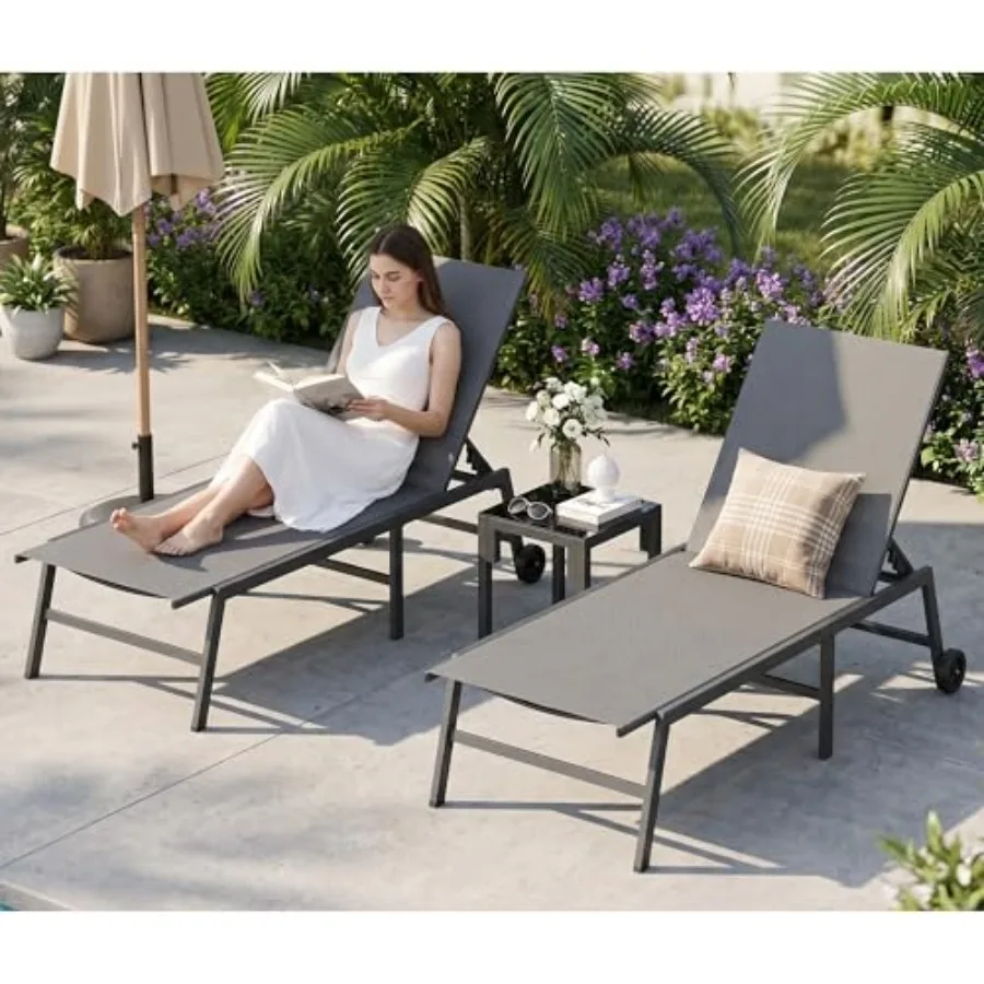Outdoor patio lounge chairs for poolside, backyard, garden, deck, beach use; rust-free aluminum frame; black color; 5-position