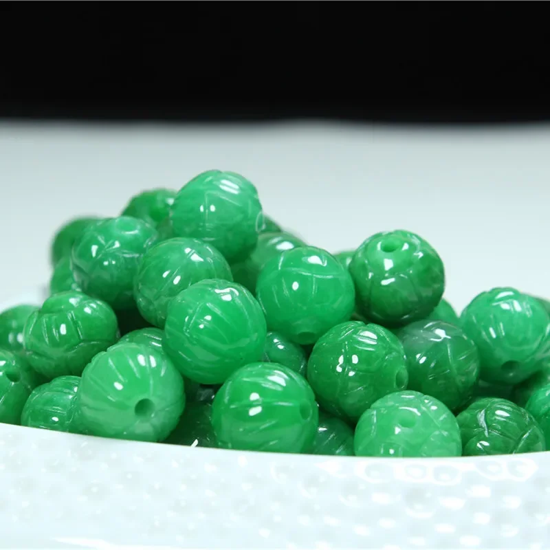 

5pc Natural Green Jade Carving Lotus 12mm Beads Earring Jadeite Emerald DIY Bracelet Necklace Jewelry Fashion Accessories