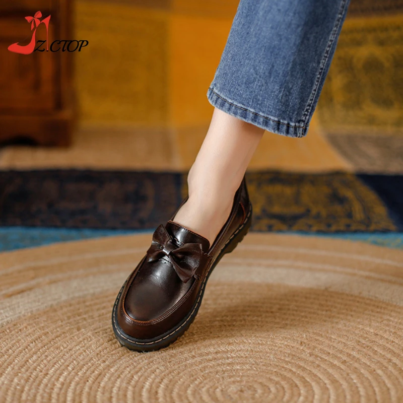 British Style Platform Loafers Women Slip On Bow Soft Sole Thick Heel Retro Leather Shoes Japanese College Lolita Shoes Black