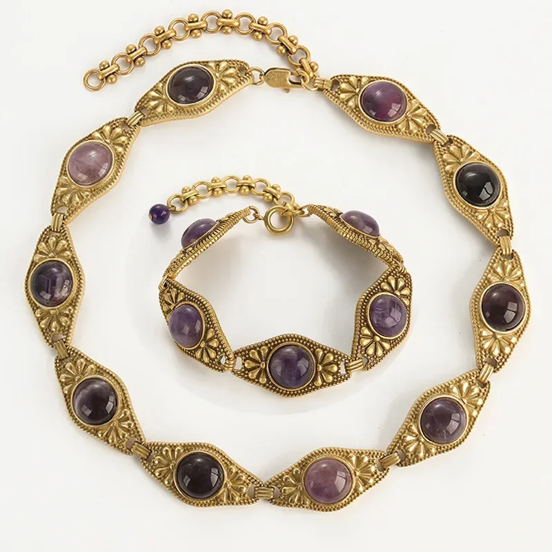 

Vintage Necklace Bracelet Jewelry Sets Purple Glass Antique Gold Color Eye Luxury High Quality Natural Stone Collar Accessories