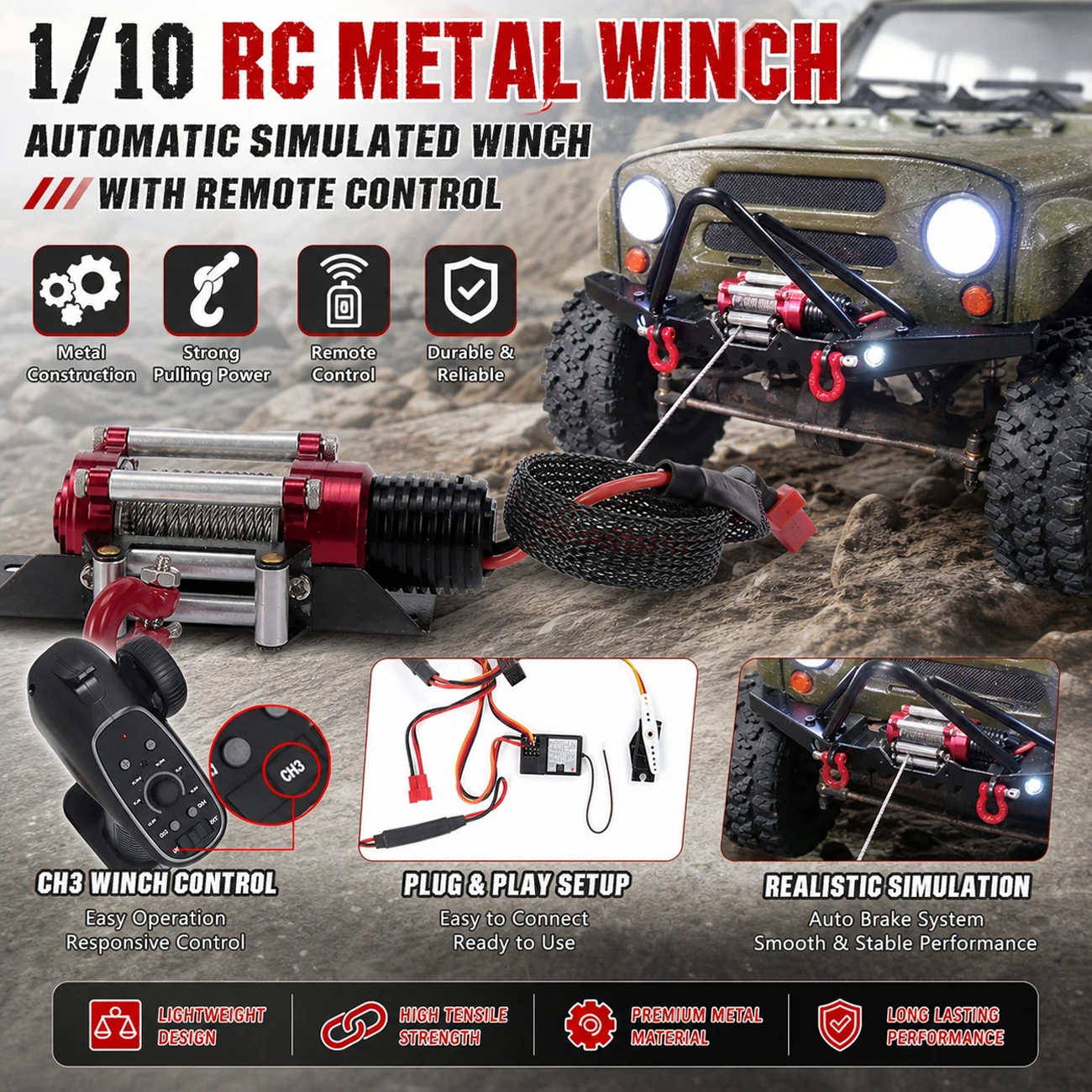 1/10 RC Metal Winch Automatic Simulated Winch W/ Remote Control for 1:10 Traxxas HPI TRX4 TRX6 SCX10 Axial Redcat RC Crawler Car