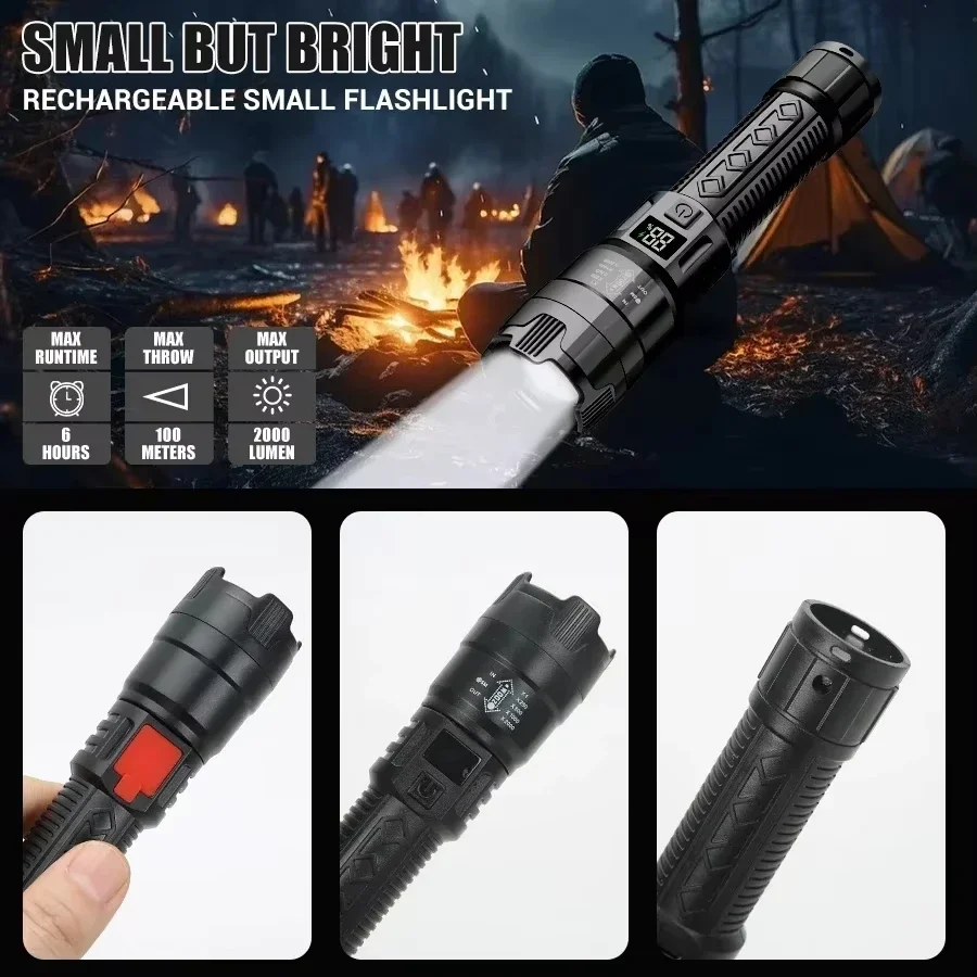 High Power Led Flashlight USB Rechargeable Torch with Display Zoomable Light with Battery Camping Hiking Lantern Emergency Lamp