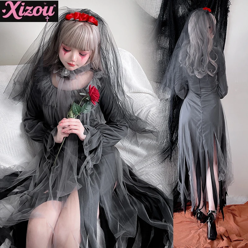 

Halloween Adult Cosplay Cos Costume Witch Zombie Ghost Bride Fringed Gray Closeup Long Sleeve Dress Nightclub Vampire Long Dress