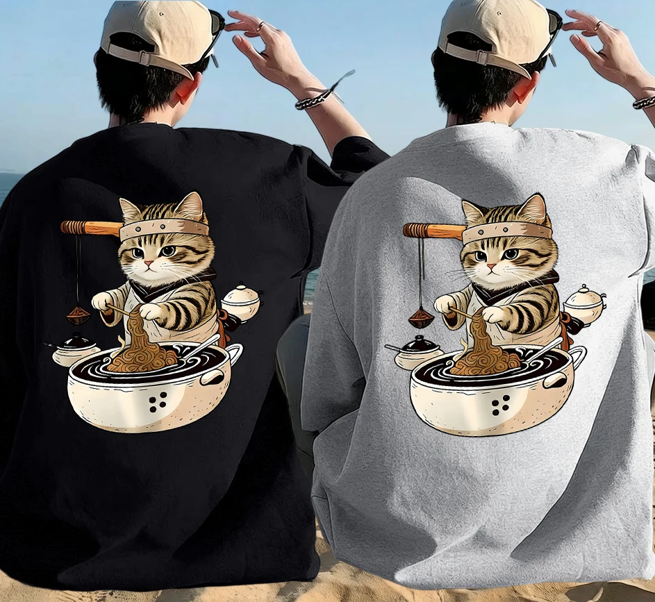 

Master Cat Is Making Lamian Noodles Design Cotton Basics Summer Short Sleeve Sets Man Loose Youth T Shirt Comfy All-Match Tops