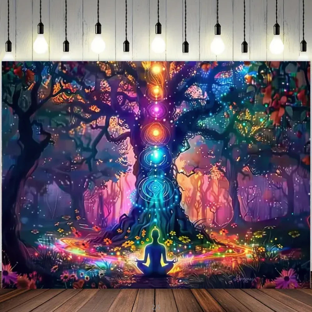 Vibrant Healing Tree of Life Chakra Art Tapestry For Meditation Polyester Tapestry Wall Hanging Bedroom & Spiritual Spaces Decor