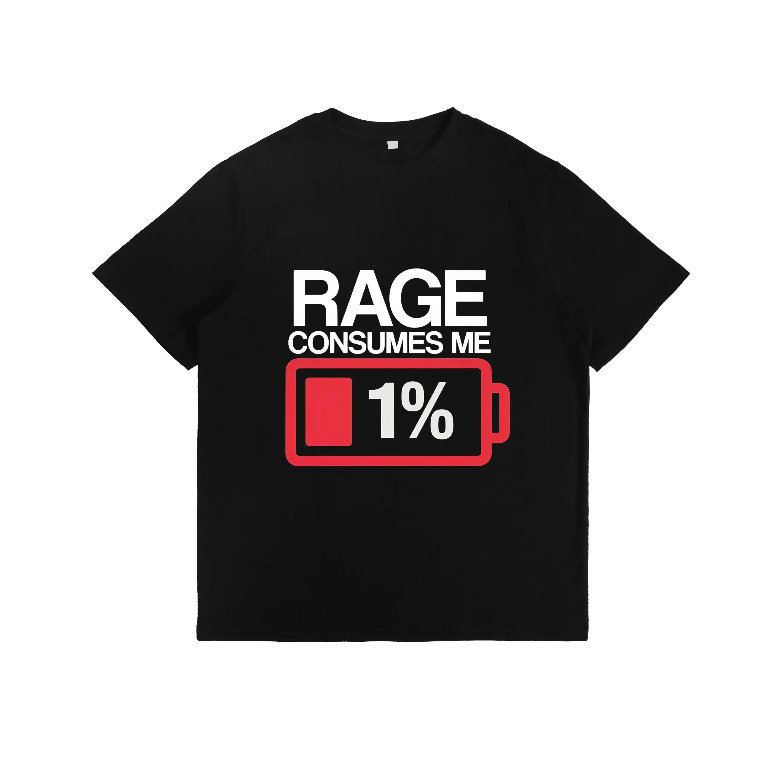 

Emotional - Outburst T - Shirt With "RAGE CONSUMES ME 1%" Slogan And Battery Graphic